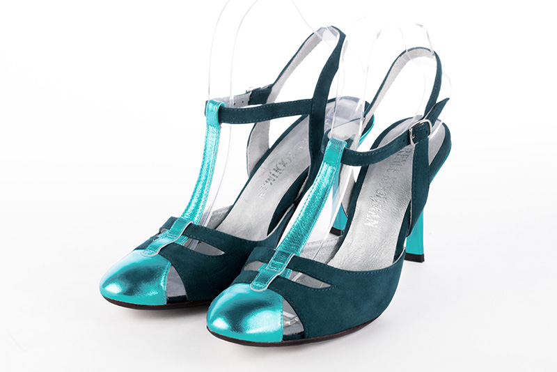 Aquamarine blue women's open back T-strap shoes. Round toe. Very high slim heel. Front view - Florence KOOIJMAN